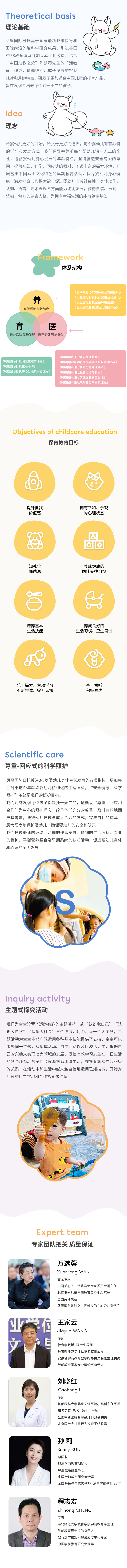 理论基础：凤凰国际日托基于国家最新政策指导和国际前沿的脑科学研究成果，引进英国EYFS教育体系并加以本土化改造，结合“中国幼教之父”陈鹤琴先生的“活教育”理论，遵循婴幼儿成长发展的客观规律和月龄特点研发了更加适合中国儿童的托育产品，旨在发现并培养每个独一无二的孩子。理念:给婴幼儿更好的开始，给父母更好的选择。每个婴幼儿都有独特的学习和发展方式。我们倡导并尊重每个婴幼儿独一无二的个性，遵循婴幼儿身心发展的年龄特点，坚持营造安全有爱的氛围，提供精细、科学、回应式的照料，创设丰富的探索环境，开展基于中国本土文化特色的早期教育活动，保障婴幼儿身心健康，激发好奇心和探索欲，促进婴幼儿情感社会性、身体动作、认知、语言、艺术表现各方面能力均衡发展，使他们获得自信、乐观、坚韧、包容的健康人格，为拥有幸福生活的能力奠定基础。